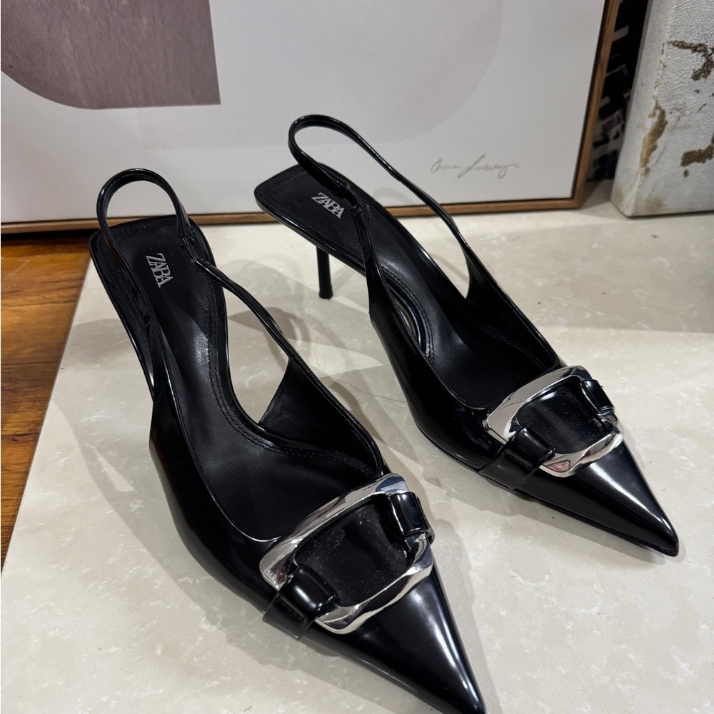 Zara Black Slingback Heels with Silver Detail